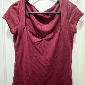 Reformation Burgundy Ribbed Short Sleeve Top